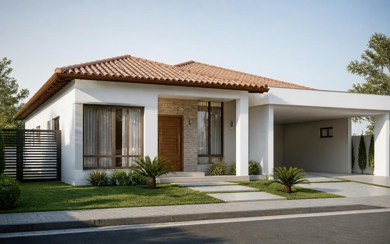 Fachada Branco com telhado Barro Natural